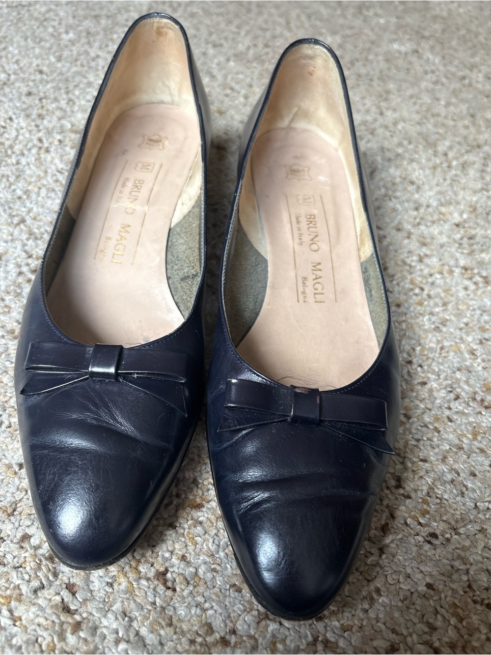 Bruno Magli Navy Leather Bow Pointed Ballet Flats